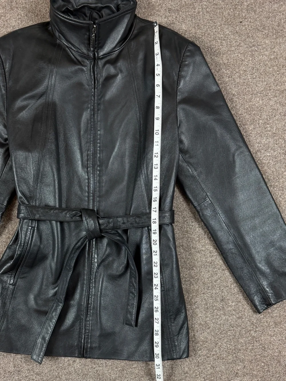 Vintage Black Genuine Leather Full Zip Belted Funnel Neck Jacket Women’s‎ Large